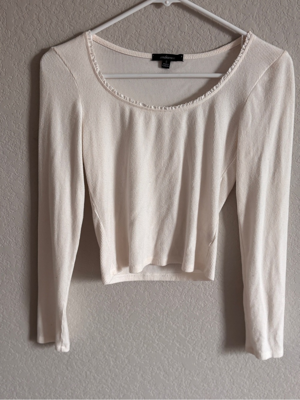 Ambiance Ivory Ribbed Long Sleeve Scoop Neck Top